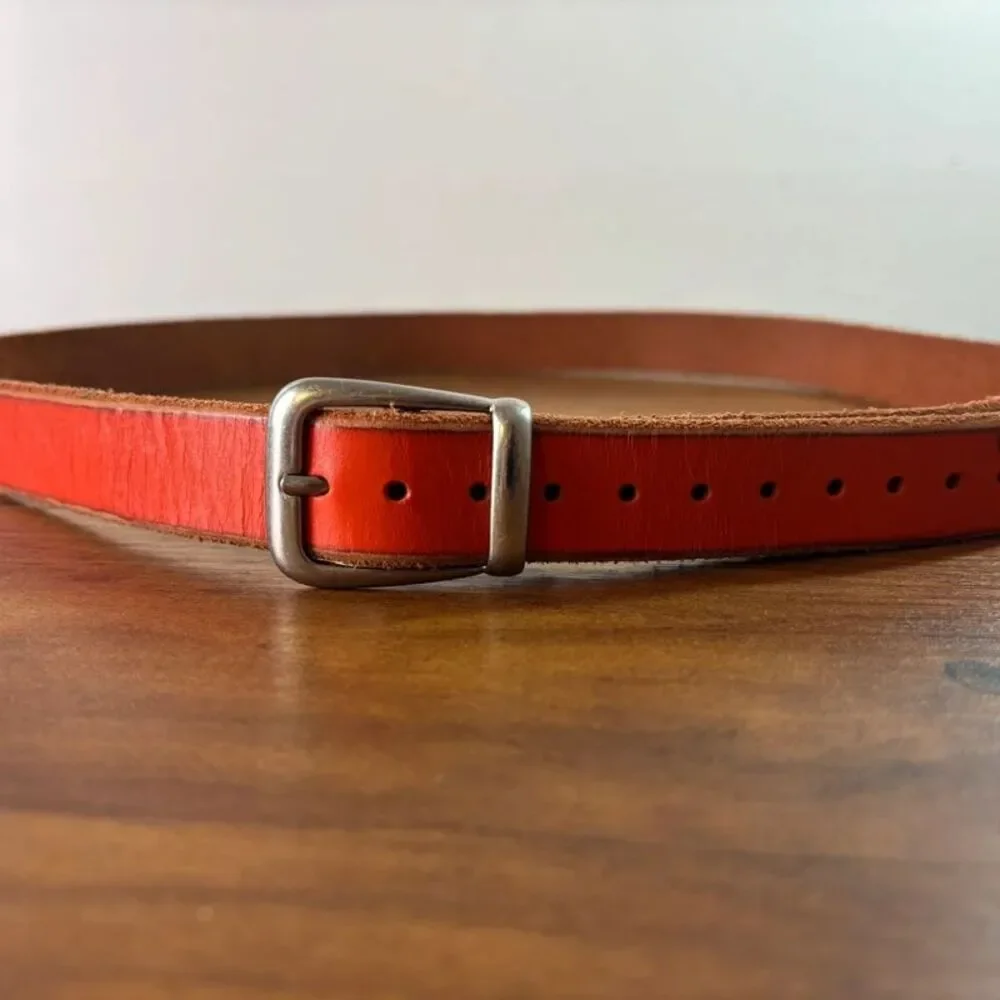 Vintage Y2K Fossil Womens Orange Genuine Leather Belt Silver Buckle Narrow